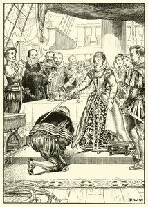 Drottning Elizabeth ombord på Golden Hind (bläck på papper) av English School