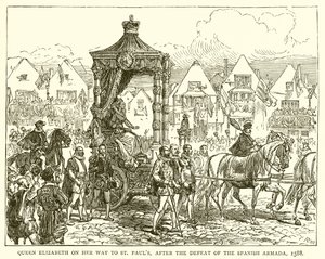 Drottning Elizabeth på väg till St. Pauls, efter den spanska armadans nederlag, 1588 av English School