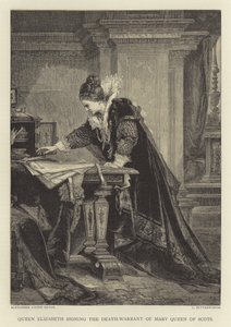 Drottning Elizabeth undertecknar Mary Queen of Scots dödsdom av English School