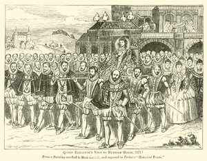 Drottning Elizabeths besök i Hunsdon House, 1571 av English School