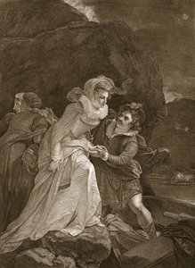 Drottning Mary som flyr från slottet Loch Leven, illustration från David Humes The History of England, pub. av R. Bowyer, London, 1812 av English School