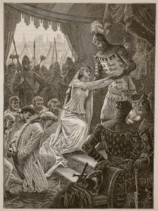 Drottning Philippa går i förbön för Burghess of Calais, illustration från Cassells Illustrated History of England (sepiafoto) av English School