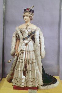 Drottning Victoria (1819-1901) docka klädd i sina kröningsrockar, ca 1840 (vax) av English School