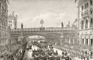 Drottning viktoriansk öppning Holborn Viaduct 1869, från "The National and Domestic History of England" av William Hickman Smith Aubrey (1858-1916) publicerad London, c.1890 av English School