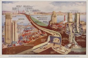 Queensway Tunnel, Liverpool, Merseyside (litho i färg) av English School