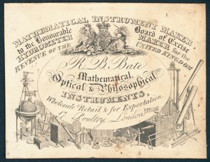 R B Bate, matematiska, optiska och filosofiska instrument, handelskort av English School