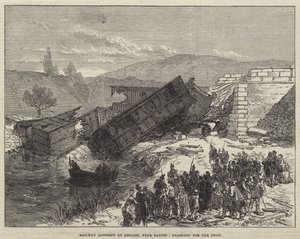 Järnvägsolycka i Antibes, nära Cannes, släpande för de döda (gravyr) av English School