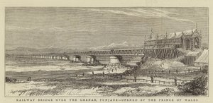 Järnvägsbron över Chenab, Punjaub, öppnad av prinsen av Wales (gravyr) av English School
