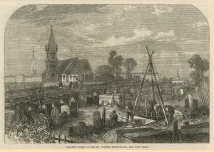 Järnvägsarbeten på Old St Pancras kyrkogård (gravyr) av English School