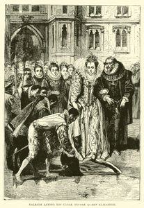 Raleigh lägger sin mantel inför drottning Elizabeth av English School