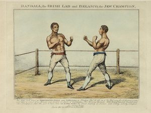 Randall, den irländska pojken och Belasco, judemästaren, graverad av Williams (färgad etsning) av English School