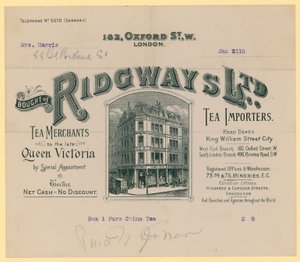 Kvitto från Ridgways, teimportörer, 182 Oxford Street, London av English School