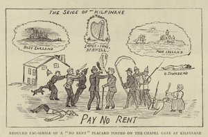 Förminskad faksimil av ett "No Rent" plakat uppsatt på kapellporten vid Kilfinane (gravyr) av English School