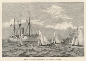 Regatta på Zanzibar, Sailing Pinnace Race, runda HMS Brisk (gravyr) av English School