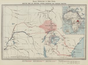 Hjälpexpedition till Emin Pasha, skiss på en karta över Centralafrika som visar de olika rutterna (färg litho) av English School
