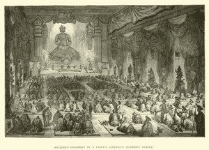 Religiös ceremoni i ett kinesiskt lamaseri, buddhistiskt tempel av English School