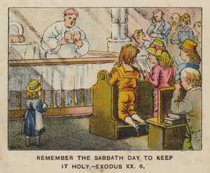 Kom ihåg sabbatsdagen för att hålla den helig, 2 Mosebok XX 8 (färg litho) av English School