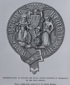 Repræsentation af Edward den sorte prins, der knæler i venering af den hellige treenighed swed av English School