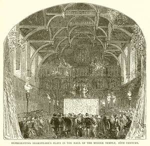 Representerar Shakespeares pjäser i Hall of the Middle Temple, 1500-talet av English School