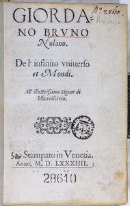 Res 28610 Titelsida för De lInfinito Universo et Mondi av Giordano Bruno, publicerad i London, 1584 (tryckt papper) av English School