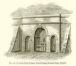 Restaurering av den romerska bågen som bildar Newport Gate, Lincoln av English School