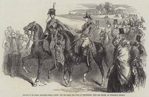 Hans kungliga höghet prins Albert och hans nåd hertigen av Wellingtons återkomst från recensionen på Wimbledon Common (gravyr) av English School