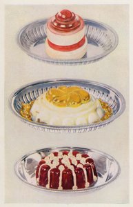 Ribbon Jelly; Venus Pudding; Wine Jelly och Cream (färglitografi) av English School
