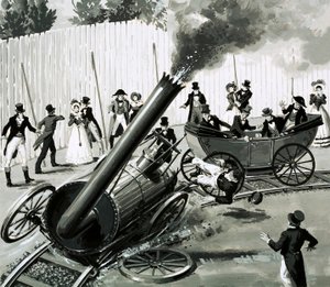 Richard Trevithick byggde en liten cirkulär järnväg i London för att introducera människor till tågresor (gouache på papper) av English School
