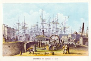 Themsen: Entré till London Docks (färgad gravyr) av English School