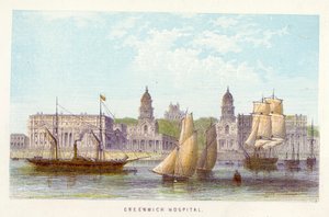 Themsen: Greenwich Hospital (färgad gravyr) av English School