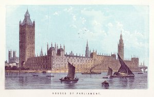 Themsen: Houses of Parliament (färgad gravyr) av English School