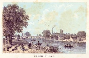 Themsen: Kingston-on-Thames (färgad gravyr) av English School