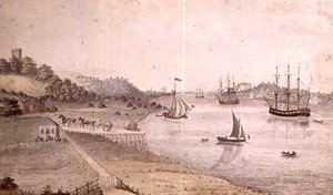 Flodlandskap med sjöfart och Dover Coach, ca 1800 (penna och tvätt) (par 72977) av English School