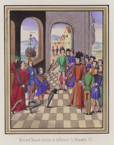 Robert Bruce trotsar kung Edward III (färgad gravyr) av English School