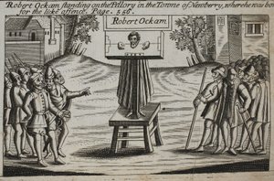 Robert Ockam stående på pelaren i staden Newberry, där han föddes, illustration från Acts and Monuments av John Foxe, nionde upplagan, pub. 1684 av English School