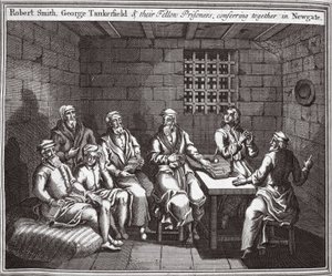 Robert Smith, George Tankerfield och deras medfångar, konfererar tillsammans i Newgate, illustration från Foxes Martyrs c.1703 av English School