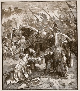 Robert ber sin far om ursäkt, illustration från Cassells Illustrated History of England (sepiafoto) av English School