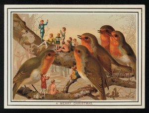 Robins och en grupp artister, julhälsnings kort. (chromolitho) av English School