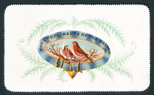 Robins sitter i oval med ormbunke surround, julkort av English School