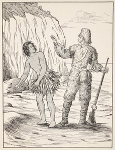 Robinson Crusoe och fredag, illustration från The Story of Robinson Crusoe: En anpassning för barn efter Defoes språk, pub. av Griffith Farran Browne & Co. Limited, London av English School
