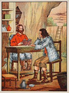 Robinson Crusoe och fredag, illustration från The Story of Robinson Crusoe: En anpassning för barn efter Defoes språk, pub. av Griffith Farran Browne & Co. Limited, London av English School
