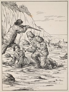 Robinson Crusoe och Friday rescuing the Spanjor, illustration från The Story of Robinson Crusoe: An adaptation for children following Defoes language, pub. av Griffith Farran Browne & Co. Limited, Lo av English School