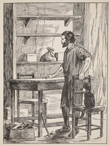 Robinson Crusoe bygger bord och stolar för sin grotta, illustration från The Story of Robinson Crusoe: An adaptation for children following Defoes language, pub. av Griffith Farran Browne & Co. Limit av English School