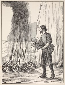Robinson Crusoe matlagning, illustration från The Story of Robinson Crusoe: En anpassning för barn efter Defoes språk, pub. av Griffith Farran Browne & Co. Limited, London av English School