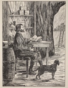 Robinson Crusoe i sin grotta, illustration från The Story of Robinson Crusoe: En anpassning för barn efter Defoes språk, pub. av Griffith Farran Browne & Co. Limited, London av English School