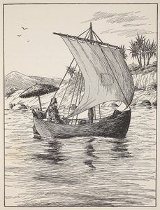Robinson Crusoe på sin båt, illustration från The Story of Robinson Crusoe: En anpassning för barn efter Defoes språk, pub. av Griffith Farran Browne & Co. Limited, London av English School