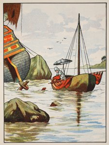 Robinson Crusoe räddar en hund från ett spanskt skeppsvrak, illustration från The Story of Robinson Crusoe: En anpassning för barn efter Defoes språk, pub. av Griffith Farran Browne & Co. Limi av English School