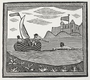 Robinson och Xury flyr från hedarna, illustration från Chap-books of the Eighteenth Century av John Ashton, pub. 1882 av English School