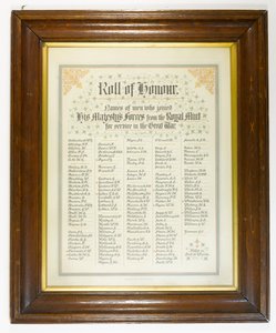 Hedersrulle, män från det kungliga myntverket som anslöt sig till krafterna under första världskriget, c.1918 (penna & bläck på papper i träram) av English School