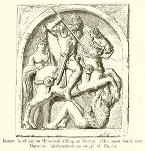 Romersk medhjälpare till häst som dödar en fiende. (Monument hittat nära Mayence. Lindenschmit, op. cit., vii. No. 3) av English School